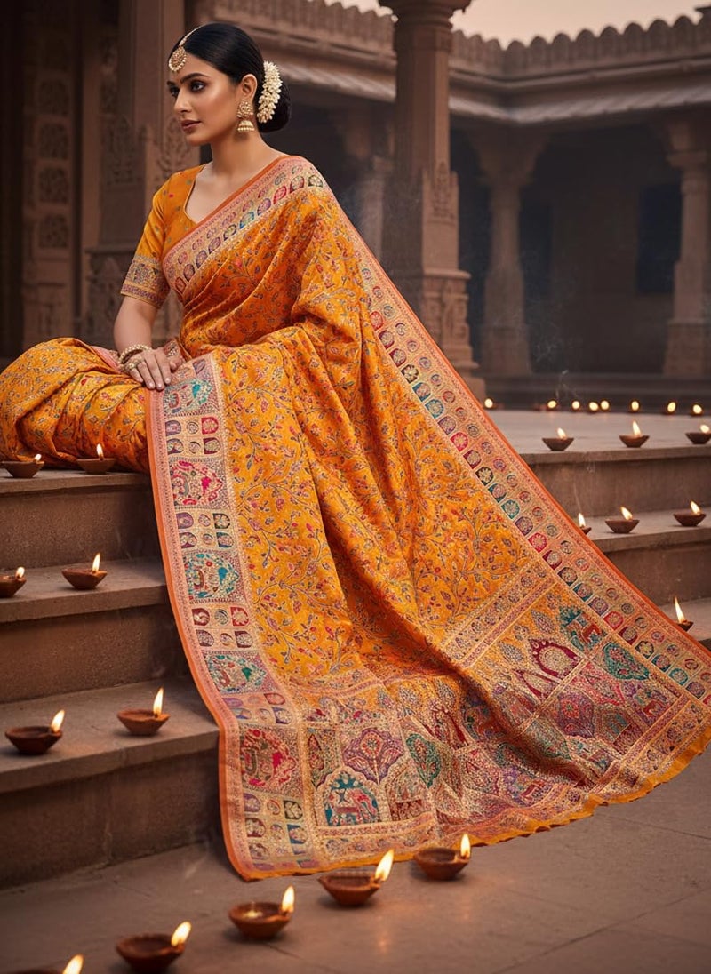 Glory Sarees Women's Kashmiri Pashmina Pure Silk Meenakari Woven Saree With Blouse Piece (Pashmina_Silk101_Mustard) - Image 2