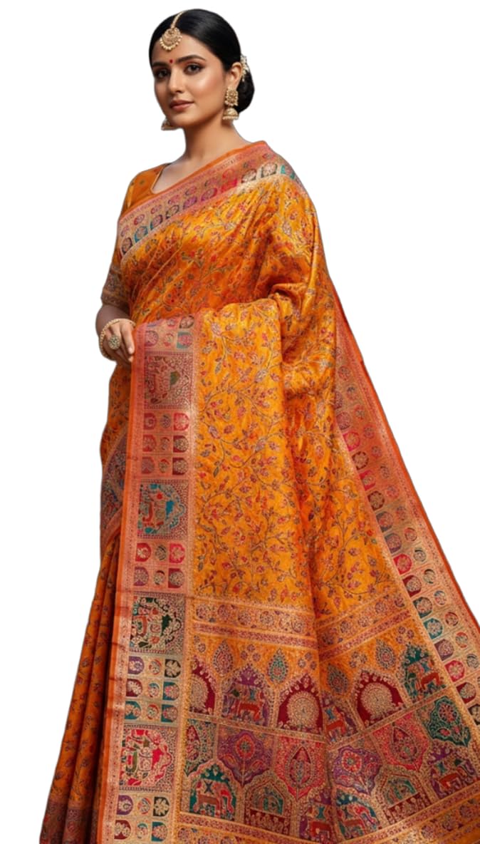 Glory Sarees Women's Kashmiri Pashmina Pure Silk Meenakari Woven Saree With Blouse Piece (Pashmina_Silk101_Mustard) - Image 1