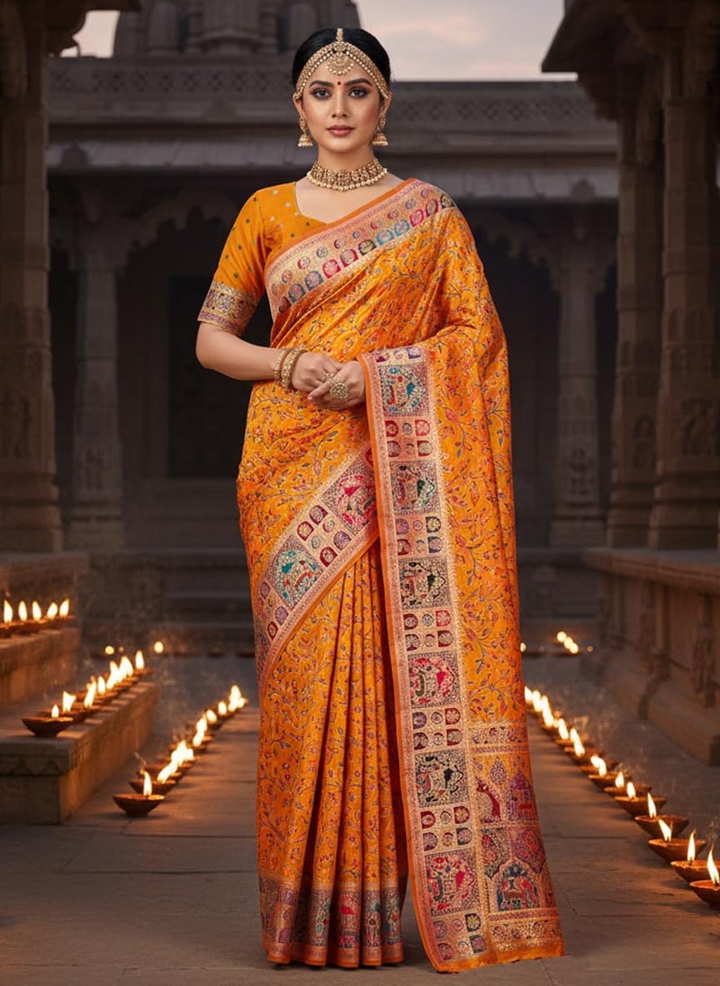 Glory Sarees Women's Kashmiri Pashmina Pure Silk Meenakari Woven Saree With Blouse Piece (Pashmina_Silk101_Mustard) - Image 5