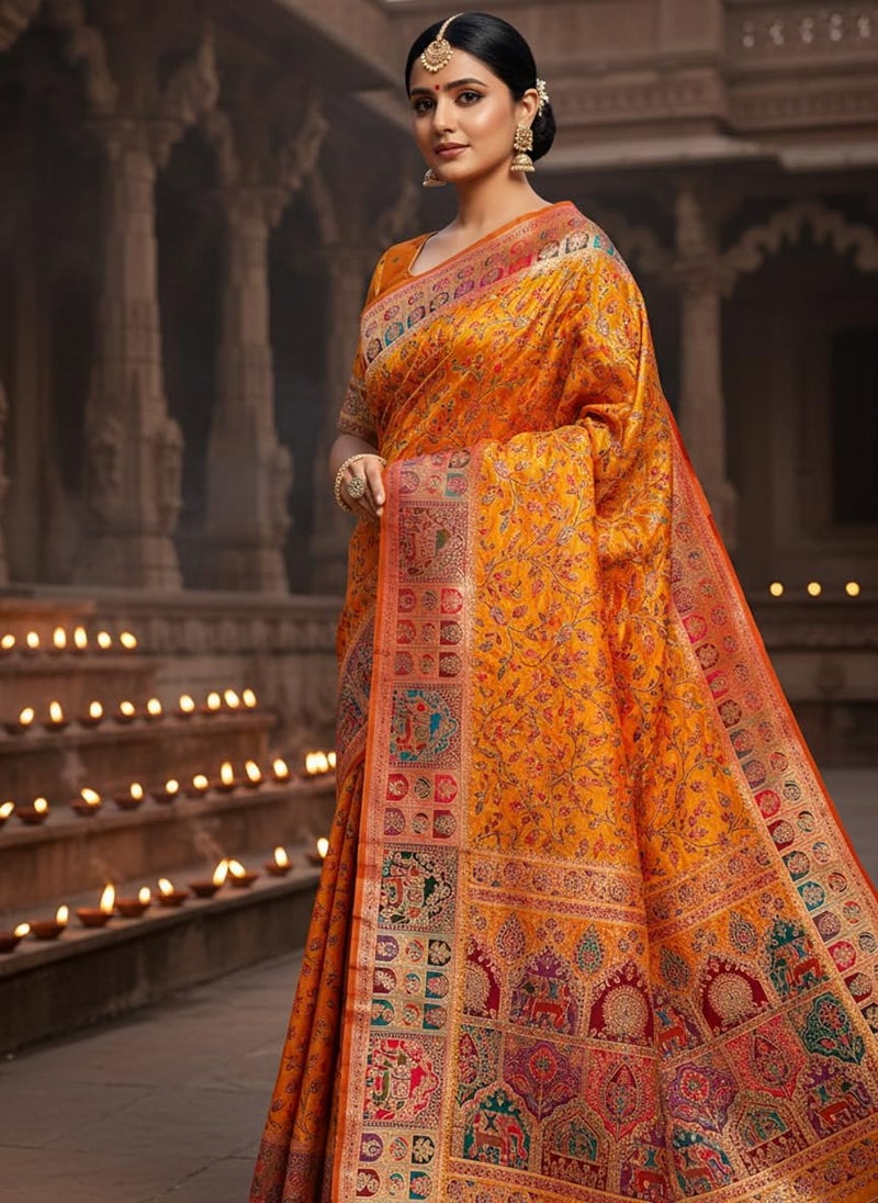 Glory Sarees Women's Kashmiri Pashmina Pure Silk Meenakari Woven Saree With Blouse Piece (Pashmina_Silk101_Mustard) - Image 4