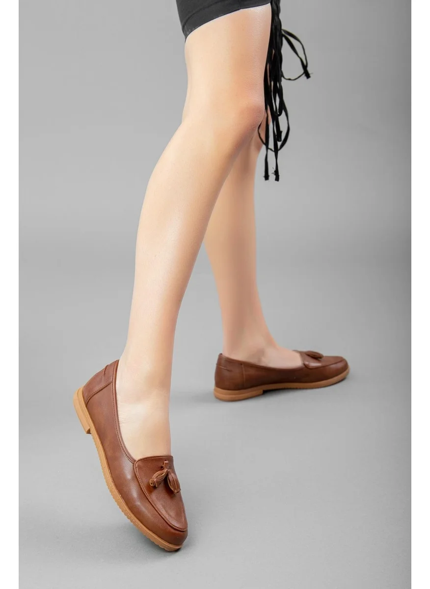 Dilimler Ayakkabı Slices Shoes Tasseled Skin Tan Women's Casual Shoes
