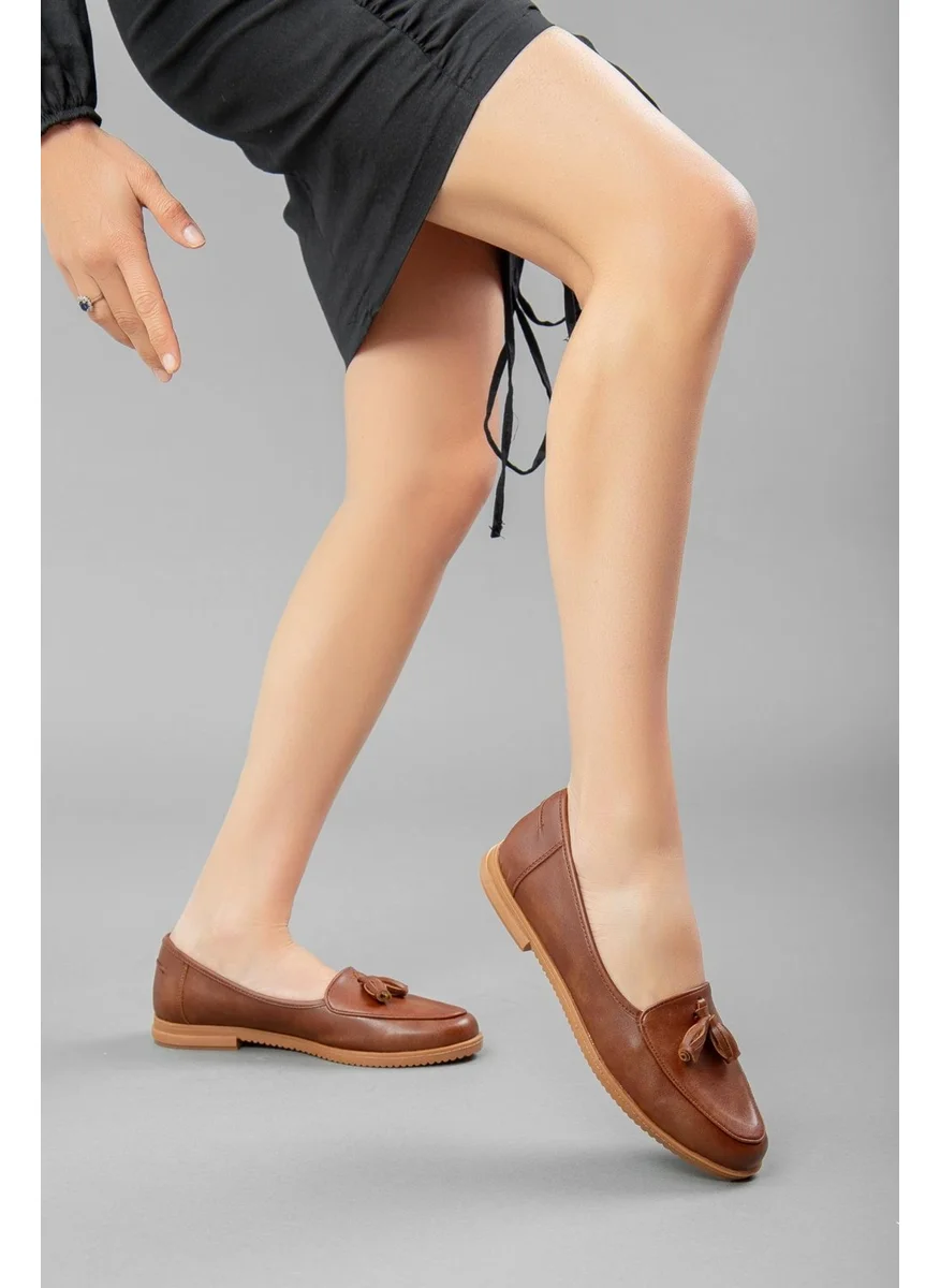Dilimler Ayakkabı Slices Shoes Tasseled Skin Tan Women's Casual Shoes