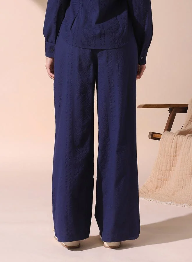 Dennis Lingo Women's Blue Cotton Blend Solid Pattern Full Length Casual Loose Fit Trouser