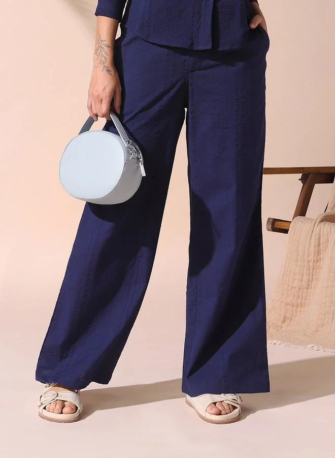 Dennis Lingo Women's Blue Cotton Blend Solid Pattern Full Length Casual Loose Fit Trouser