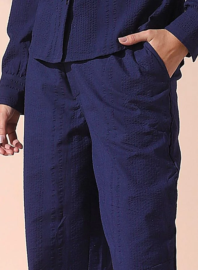 Dennis Lingo Women's Blue Cotton Blend Solid Pattern Full Length Casual Loose Fit Trouser