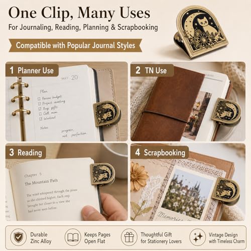 Dwpetzo Vintage Moon Cat Themed Metal Book Clip for TN Travelers Moterm Midori Notebook Accessories, Decorative Binder Clip for Bullet Journal Junk Journal Collage Page Holder Art Journaling - Image 3