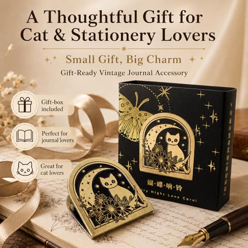 Dwpetzo Vintage Moon Cat Themed Metal Book Clip for TN Travelers Moterm Midori Notebook Accessories, Decorative Binder Clip for Bullet Journal Junk Journal Collage Page Holder Art Journaling - Image 4