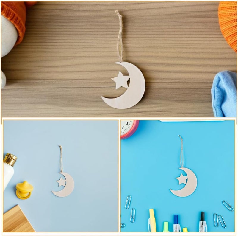 SMASOLO 40pcs Wooden Moon and Star Unfinished Cutouts for DIY Crafting, Natural Wood Slices for Shower Decorations and Nursery Room Art Projects - Image 3