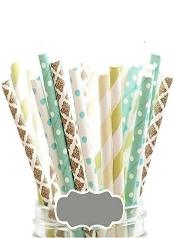 Charmed neutral blue sea foam green, ivory, gold, paper straws in damask, stripe and polka dot 125 PK