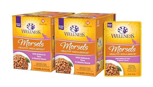 Wellness Healthly Indulgence Morsels Adult Wet Cat Food, Natural, Protein-Rich, Grain Free, 3 Ounce Pouch, 24 Pack, (Salmon & Tuna)
