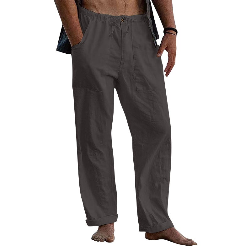 Generic 2022 Mens Linen Trousers Yoga Beach Loose Casual Summer Elastic Waist Drawstring Loose Pants with Pockets Dark gray 