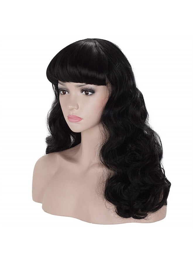 morvally 50s Vintage Medium Length Black Wigs with Bangs | Natural Wavy Synthetic Hair Wig for Women Cosplay Halloween - Image 1