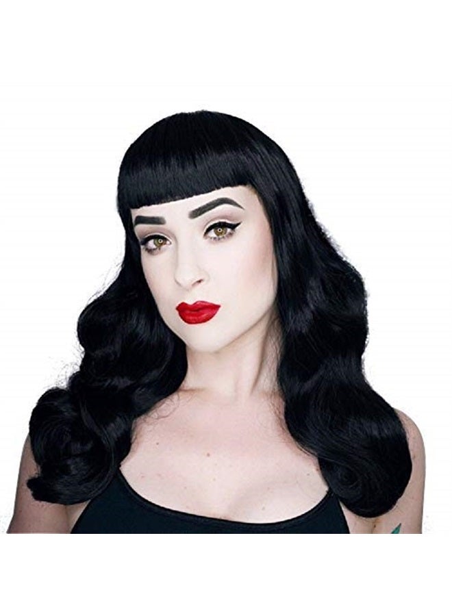 morvally 50s Vintage Medium Length Black Wigs with Bangs | Natural Wavy Synthetic Hair Wig for Women Cosplay Halloween - Image 2
