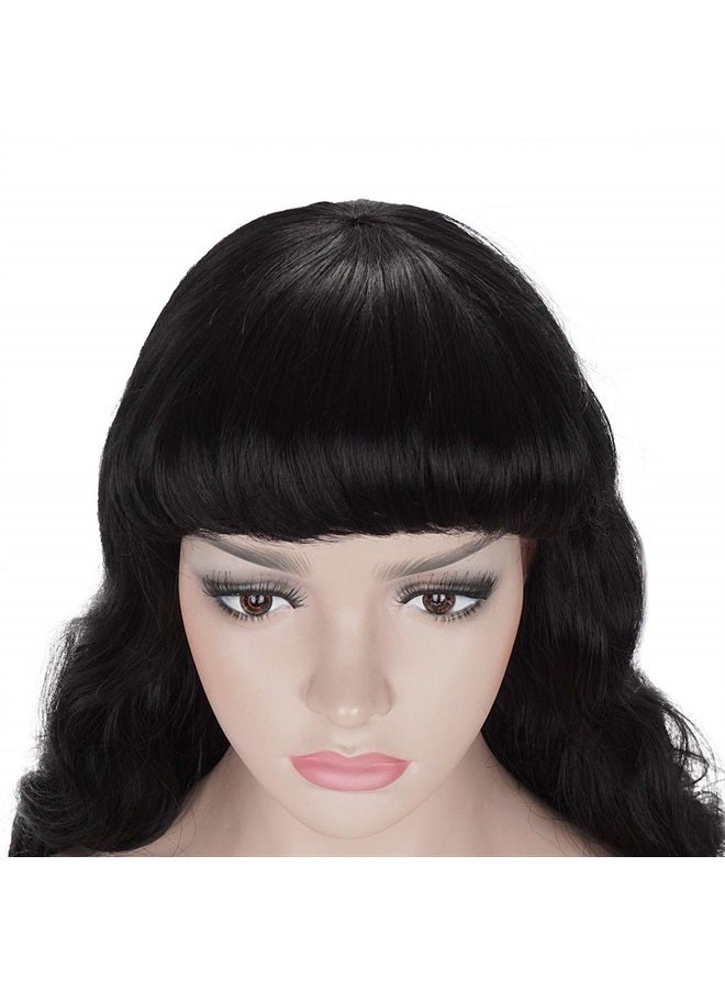 morvally 50s Vintage Medium Length Black Wigs with Bangs | Natural Wavy Synthetic Hair Wig for Women Cosplay Halloween - Image 5