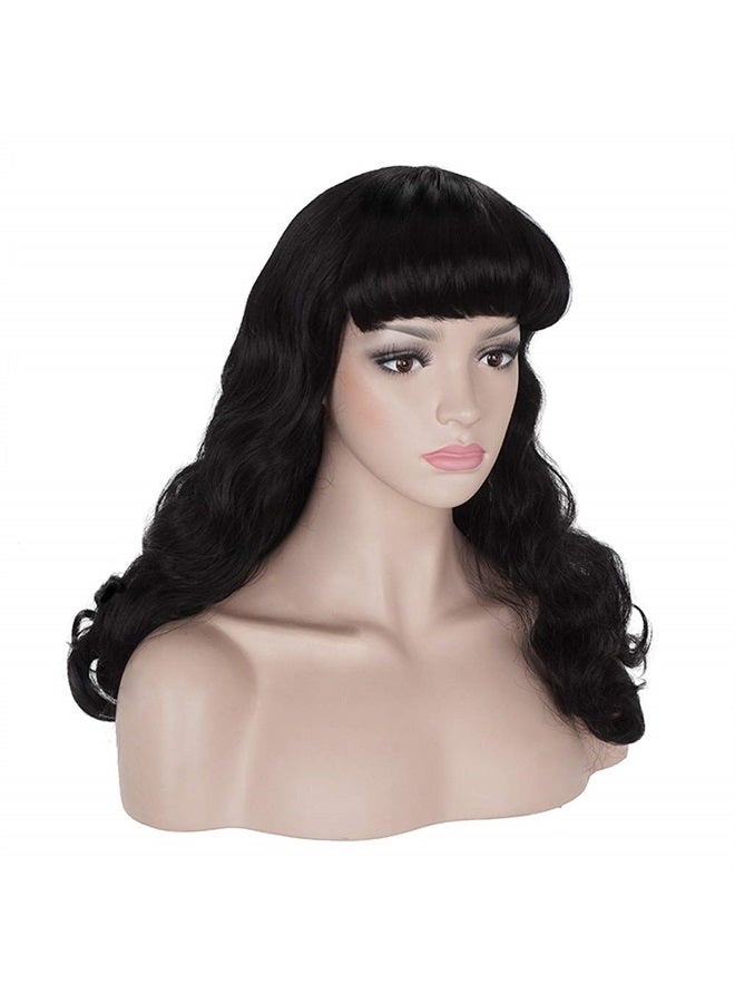 morvally 50s Vintage Medium Length Black Wigs with Bangs | Natural Wavy Synthetic Hair Wig for Women Cosplay Halloween - Image 3