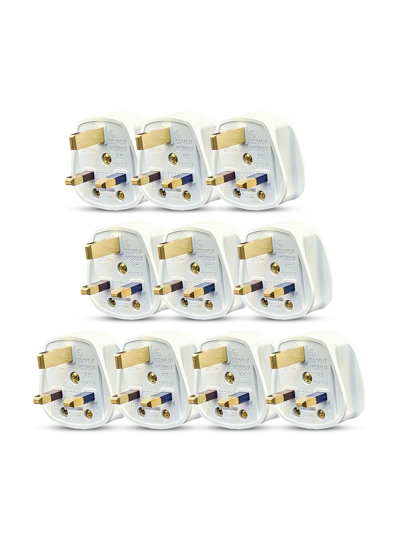 Duravel UK Fused 13 Amp White Mains 3 Pin Household Plugs Fitted with Colour coded sleeved pins (Pack-Of 10) - Image 1