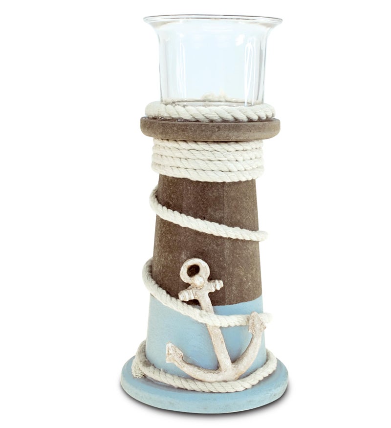 Puzzled COTA Global Evian Wooden Coastal Decor Nautical Candle Holder - Tabletop Centerpiece, Ocean-Themed with Decorative Nautical Rope and Anchor Design - Handmade, Color May Vary - Image 1