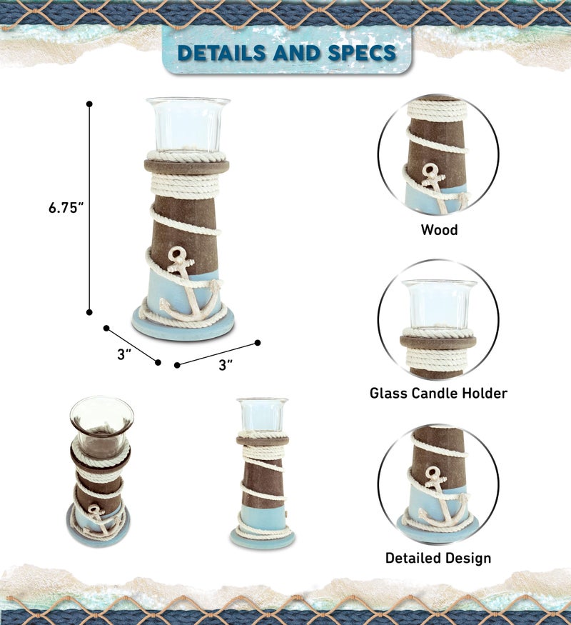 Puzzled COTA Global Evian Wooden Coastal Decor Nautical Candle Holder - Tabletop Centerpiece, Ocean-Themed with Decorative Nautical Rope and Anchor Design - Handmade, Color May Vary - Image 2