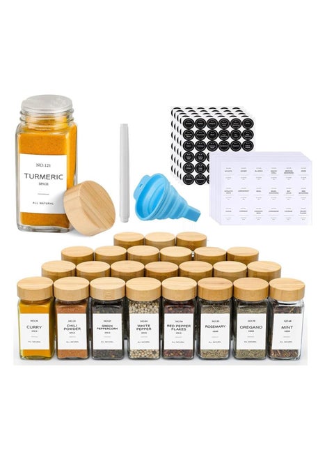 4oz 24Pcs, Glass Spice Jars with Bamboo Lids,Spices Container Set with White Printed Spice Labels,Kitchen Empty Spice Jars with Shaker Lids