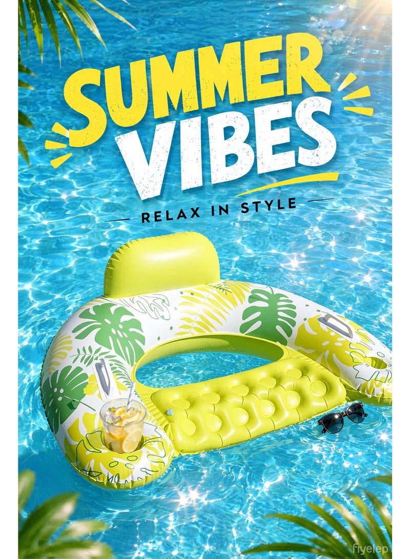Valiant Glow Inflatable Pool Lounger/Float with Tropical Leaf Design – U-Shaped Water Float (Features Headrest, Cup Holder, and Armrests) | Comfortable Water Hammock (Suitable for Pools, Beaches, and the Open Sea) – Inflatable Summer Leisure Float for Adults - Image 1