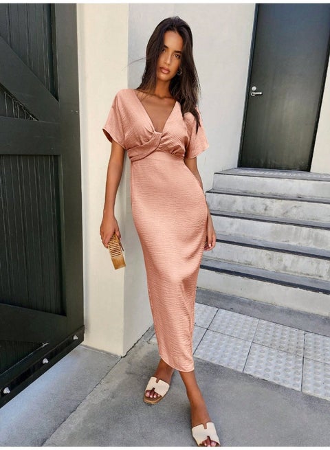 SHEIN Summer Women's Solid Color Twist Design Short Sleeve Sexy Dress