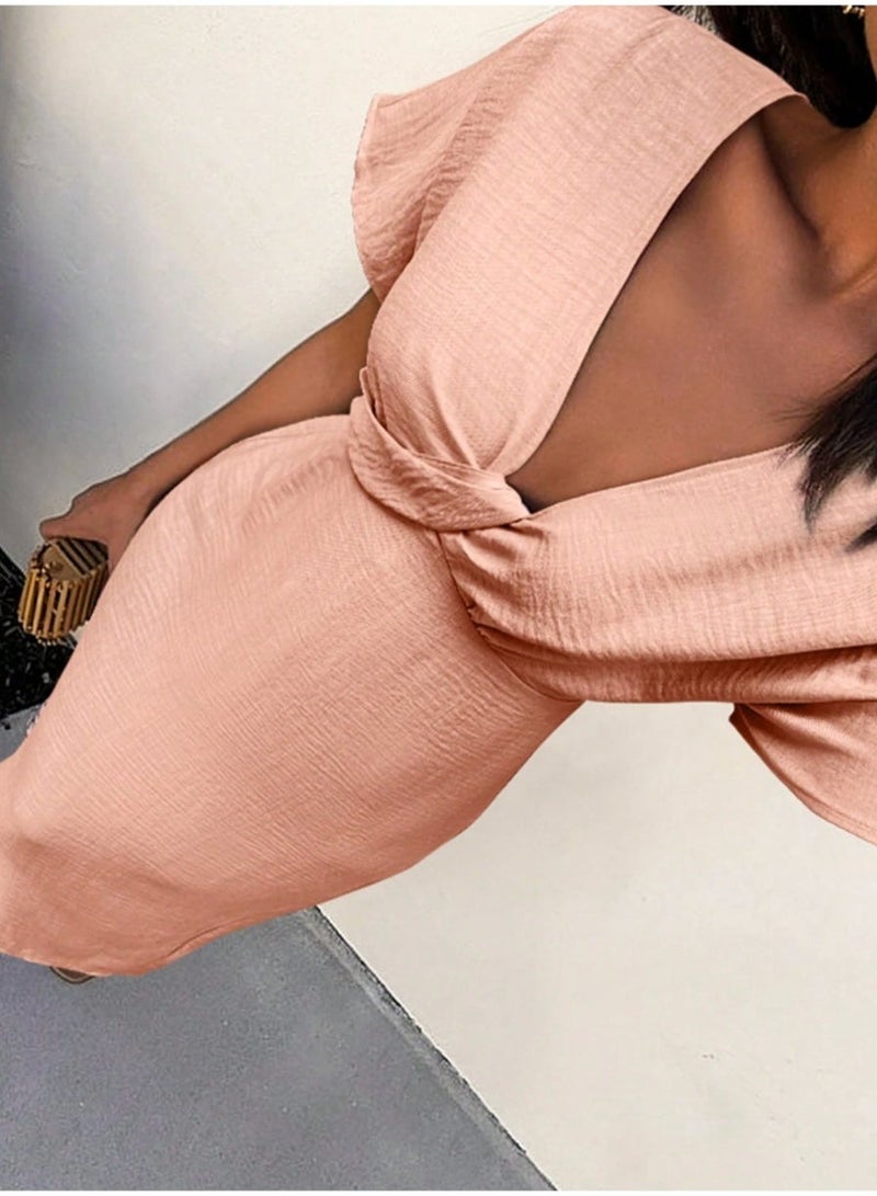 SHEIN Summer Women's Solid Color Twist Design Short Sleeve Sexy Dress - Image 3
