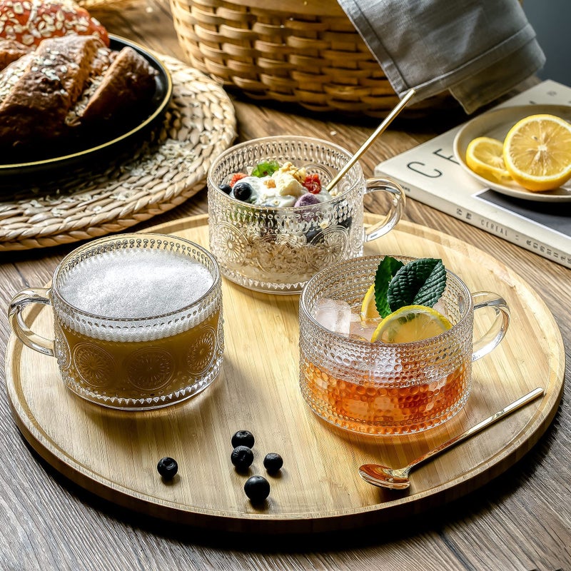 Gezzeny Vintage Glass Coffee Mugs 14 Oz Set of 2 Clear Embossed Tea Cups, Glass Coffee Cups for Cappuccino, Latte, Cereal, Yogurt, Beverage Christmas Thanksgiving Gifts - Image 3