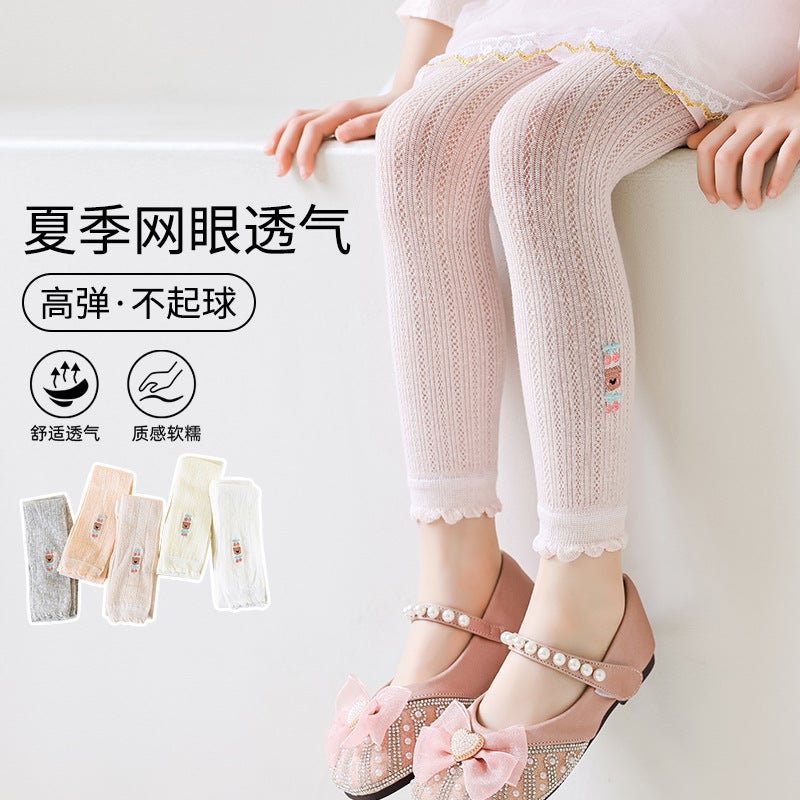 Summer Children'S Leggings For Girls, Mesh Socks For Babies, Open-Crotch Thin Embroidered Cherry Socks, Infant Cropped Pants - Image 4