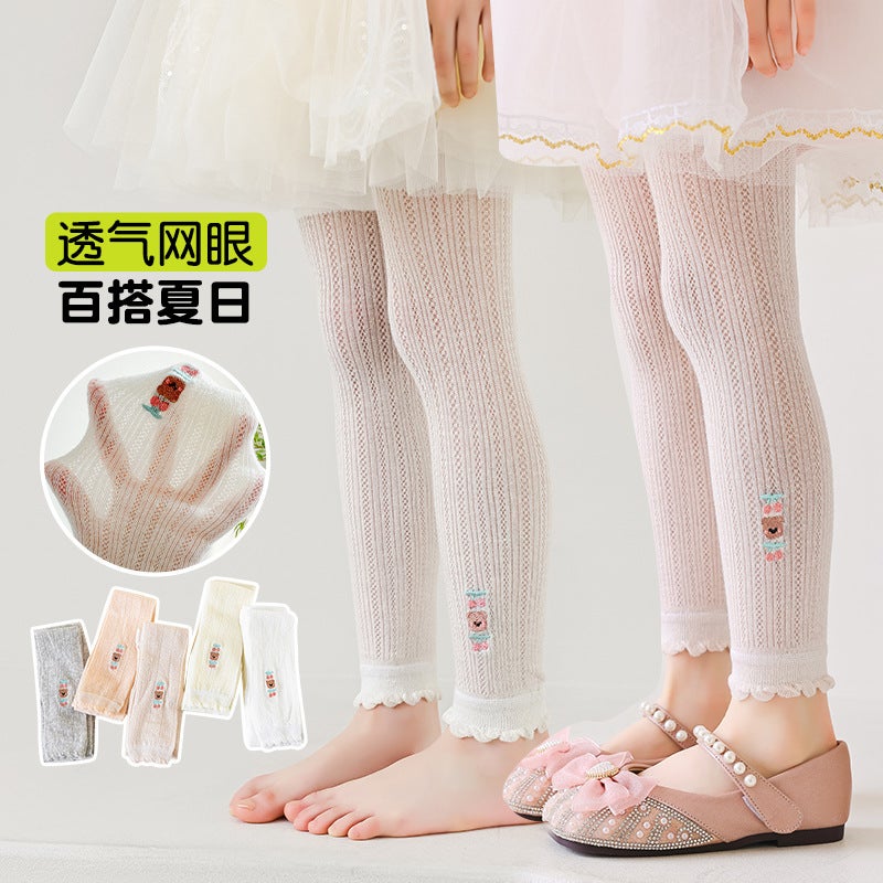Summer Children'S Leggings For Girls, Mesh Socks For Babies, Open-Crotch Thin Embroidered Cherry Socks, Infant Cropped Pants - Image 2