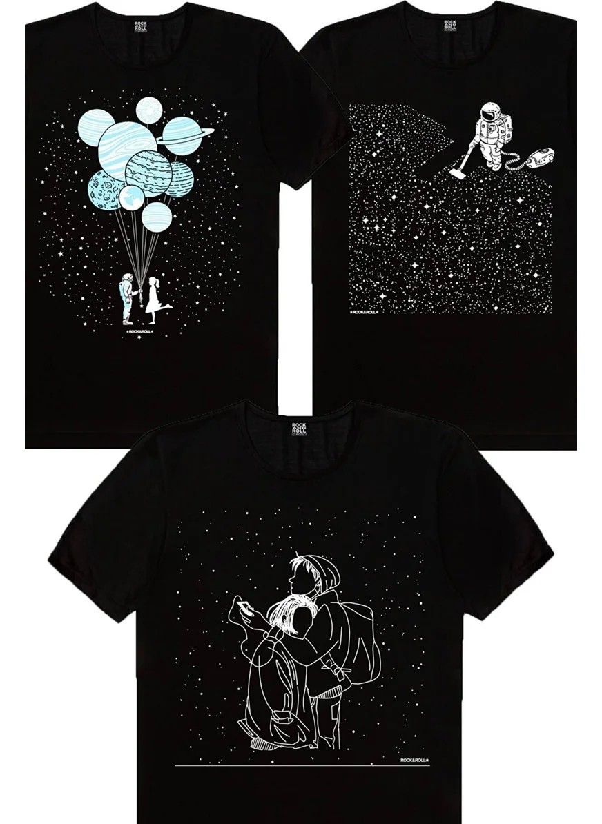 Rock&Roll Balloon Planets, Snow Falls, Astronaut Woman with Broom 3-Piece Eco Pack T-Shirt