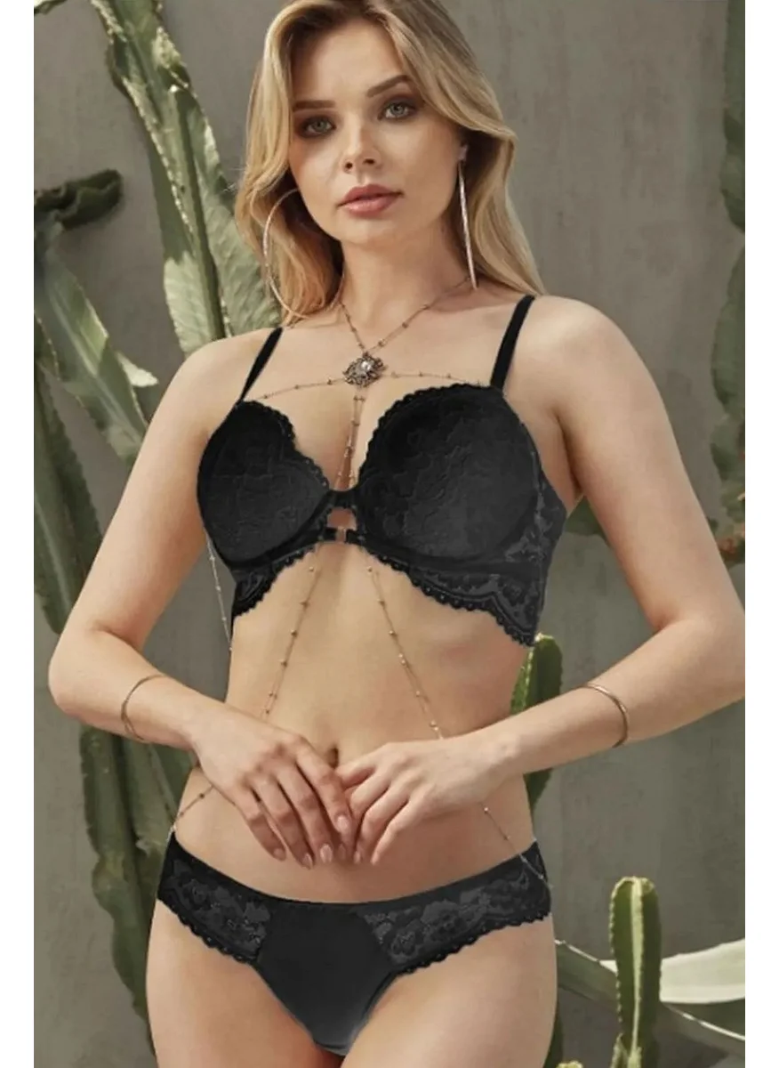 نورتيكس 4427 Women's Lace Padded Bra Panties Set-Black