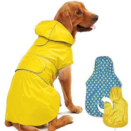 Kimee Dog Raincoat Reversible, Single Side Slicker Poncho Adjustable Waterproof Dog Rain Jacket with Leash Hole/Reflective Stripe Hooded Snowproof Windproof Clothes for Small to 3X-Large Dogs, XL - Image 1