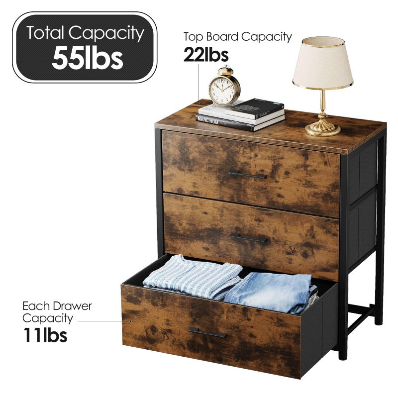 Memobarco Nightstand, End Table, Bedside Table, Small Tall Dresser for Bedroom with 3 Storage Drawer, Chest of Drawers Fabric Dressers with Steel Frame, Wooden Top & Front for Living Room - Image 3