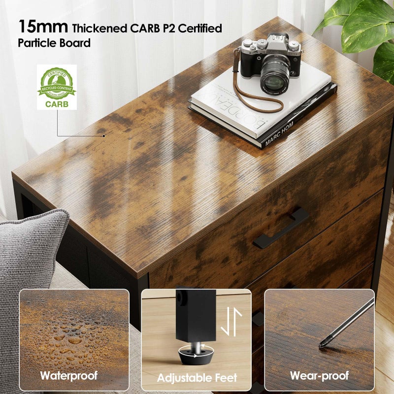 Memobarco Nightstand, End Table, Bedside Table, Small Tall Dresser for Bedroom with 3 Storage Drawer, Chest of Drawers Fabric Dressers with Steel Frame, Wooden Top & Front for Living Room - Image 4