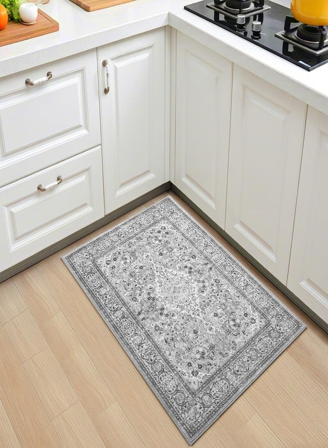 Flagover Grey Small Washable Area Rug, 2x3 Boho Vintage Entryway Rugs, Soft Non Slip Floral Door Mat, Aesthetic Low Pile Carpet for Front Door Entry Carpets Entrance Bedroom Kitchen - Image 5