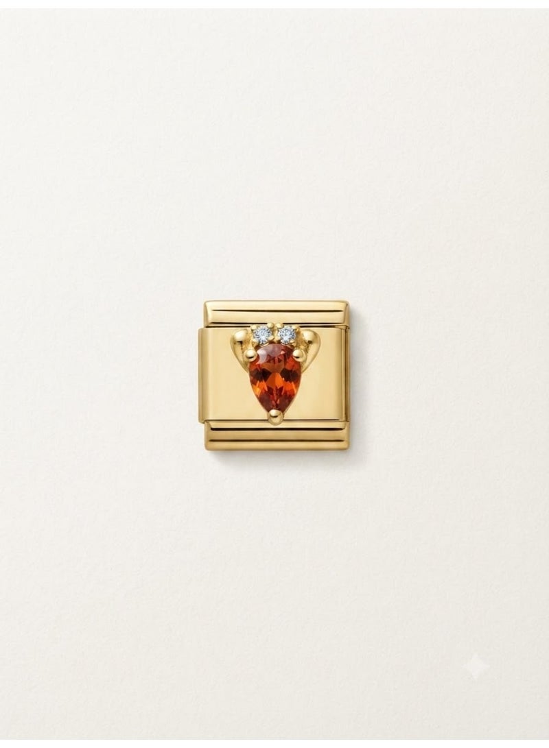Gold Charm with Teardrop Orange Gemstone and Crystals