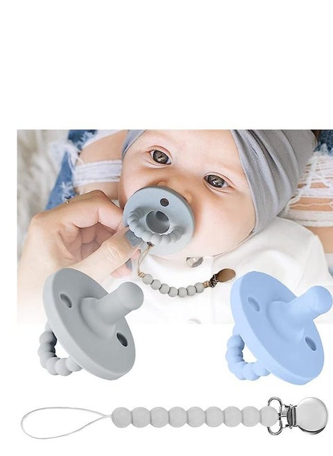 Natural Silicone Pacifier Set of 2 (Includes Pacifier Chain), Symmetrical Cherry Shaped Nipple and 2 Large Holes for Increased Safety, Ages Newborn and Up (Grey/Blue)