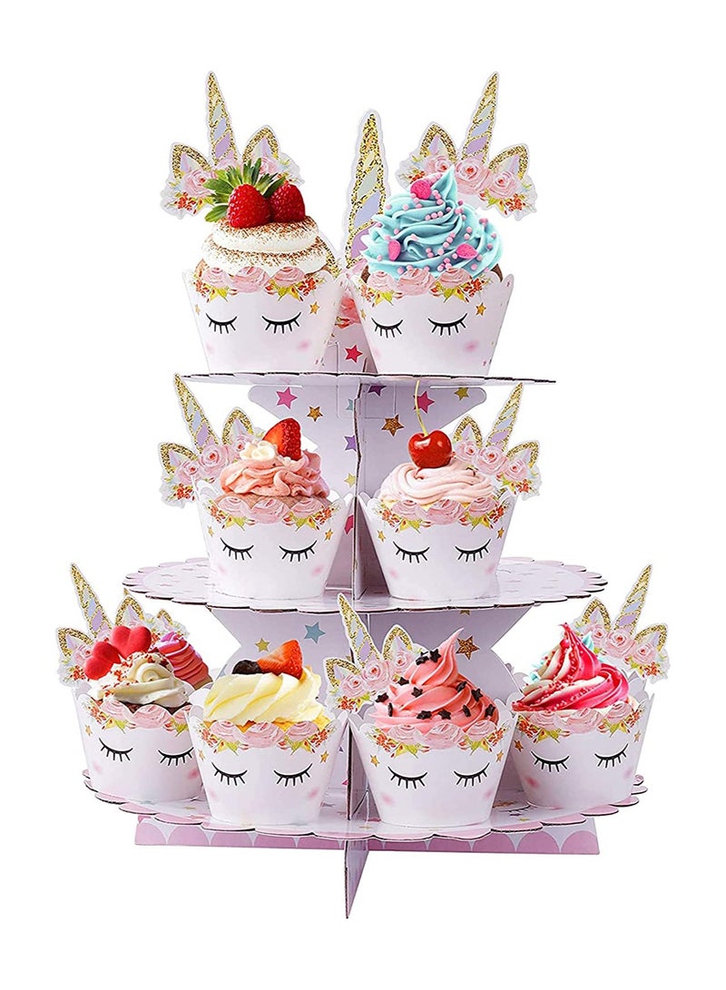 SOLARAE 3 Tier Unicorn Cardboard Cupcake Stand Tower Mini Round Cupcake Stand Dessert Cupcake Holder for Baby Shower Gender Reveal Party - Image 2
