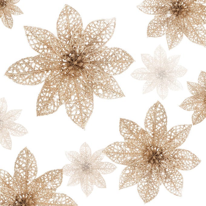 24 PIECES GLITTER POINSETTIA FLOWERS CHRISTMAS TREE ORNAMENTS GLITZY POINSETTIA BUSHES CHRISTMAS DECORATIONS FOR XMASHOLIDAYSEASONALWEDDING CHAMPAGNE