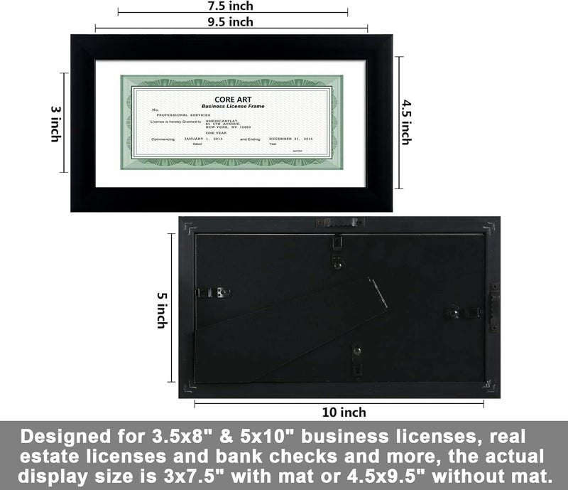 CORE ART 5x10 Business License Frame in Black, Professional Bank Check Frame 3.5x8 with Mat, High Definition Plexiglass, Wall or Tabletop Display - Image 5