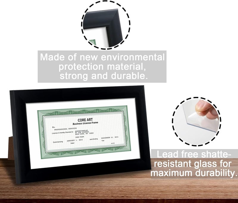 CORE ART 5x10 Business License Frame in Black, Professional Bank Check Frame 3.5x8 with Mat, High Definition Plexiglass, Wall or Tabletop Display - Image 3