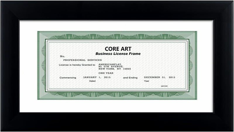 CORE ART 5x10 Business License Frame in Black, Professional Bank Check Frame 3.5x8 with Mat, High Definition Plexiglass, Wall or Tabletop Display - Image 1