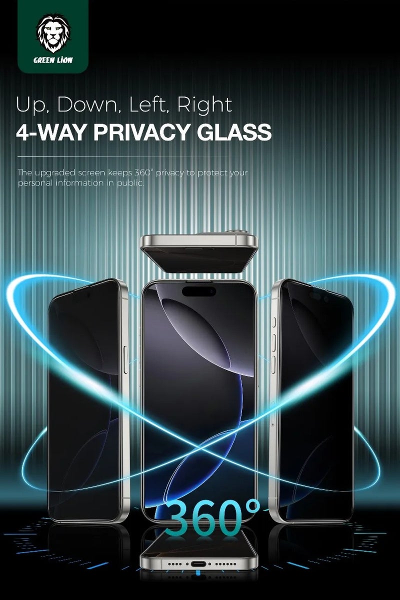 GREEN LION iPhone 17 Pro Glass /  ANTHONY 360° Privacy Screen Protector with 4-Way Anti-Peeping Glass / Smudge-Free Screen / Extreme Durability / Anti-Scratch / Anti Peeping - Black Edge/Privacy - Image 3