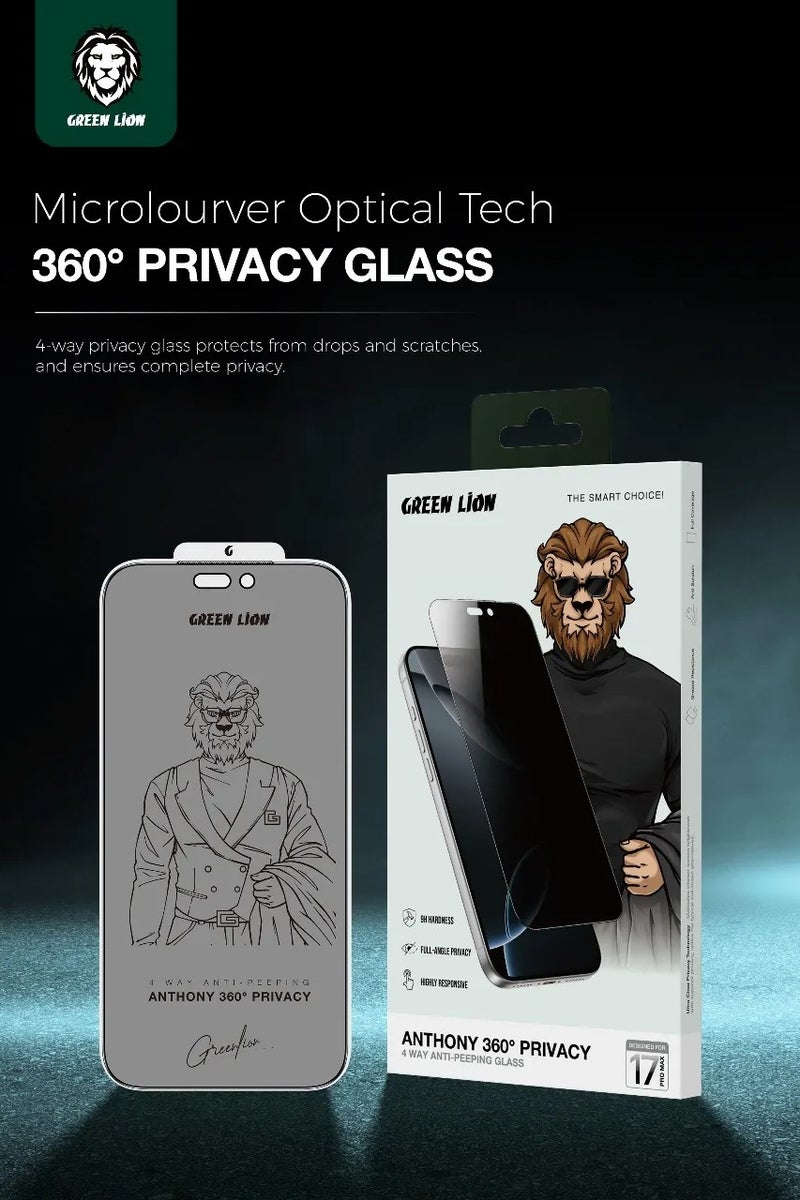 GREEN LION iPhone 17 Pro Glass /  ANTHONY 360° Privacy Screen Protector with 4-Way Anti-Peeping Glass / Smudge-Free Screen / Extreme Durability / Anti-Scratch / Anti Peeping - Black Edge/Privacy - Image 4