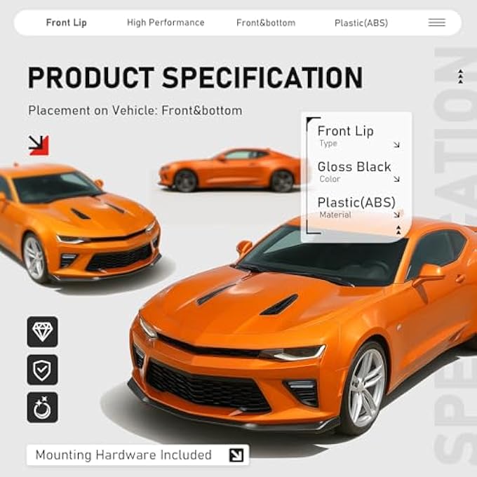 JMTAAT Front Bumper Lip Compatible with 2016-2024 Chevy Chevrolet Camaro SS V8 Trim Spoiler Splitter Protector Body Kit Air Dam Gloss Black 3Pieces - Image 4
