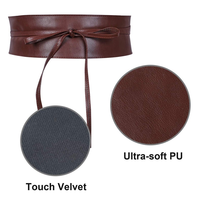 WHIPPY Women Obi Style Waist Belt Soft Faux Leather Wide Wrap Around Bowknot Ladies Waistband Belts 2 Packs (Black Coffee, Fit Waist 26-31 Inches) - Image 3
