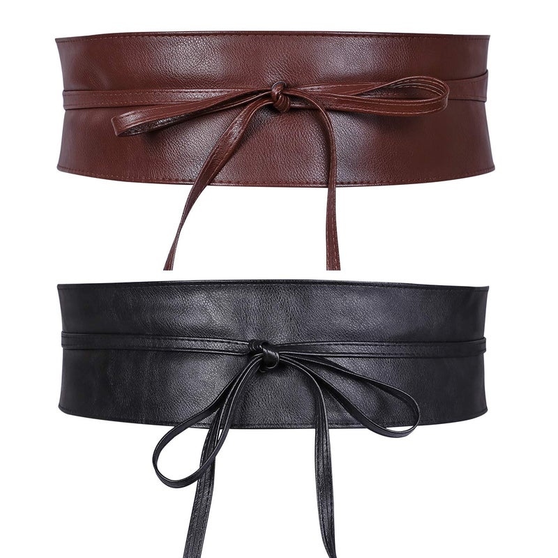 WHIPPY Women Obi Style Waist Belt Soft Faux Leather Wide Wrap Around Bowknot Ladies Waistband Belts 2 Packs (Black Coffee, Fit Waist 26-31 Inches) - Image 1