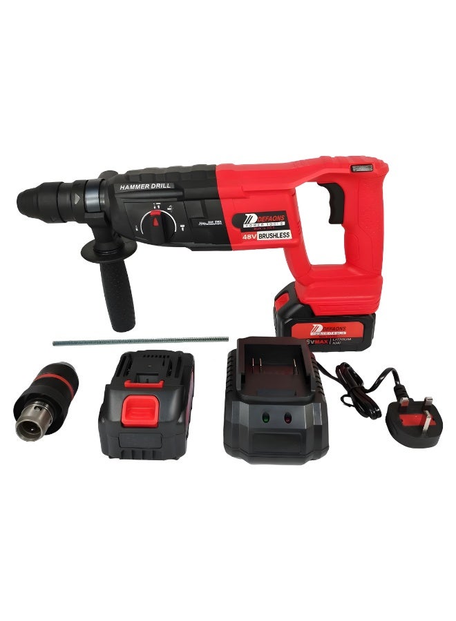 ديفاونز مثقاب دوار بدون فرشاة بقوة 48 فولت مع مفتاح 4 أوضاع، ومشبك تثبيت SDS-Plus، وبطاريتين ليثيوم أيون، وشاحن، ومقبض دوار 360 درجة، وتحكم في السرعة بدون خطوات، وحفر الخرسانة والبناء والمعادن والخشب والإزميل، طقم أدوات كهربائية لاسلكية مع حقيبة حمل - Image 1