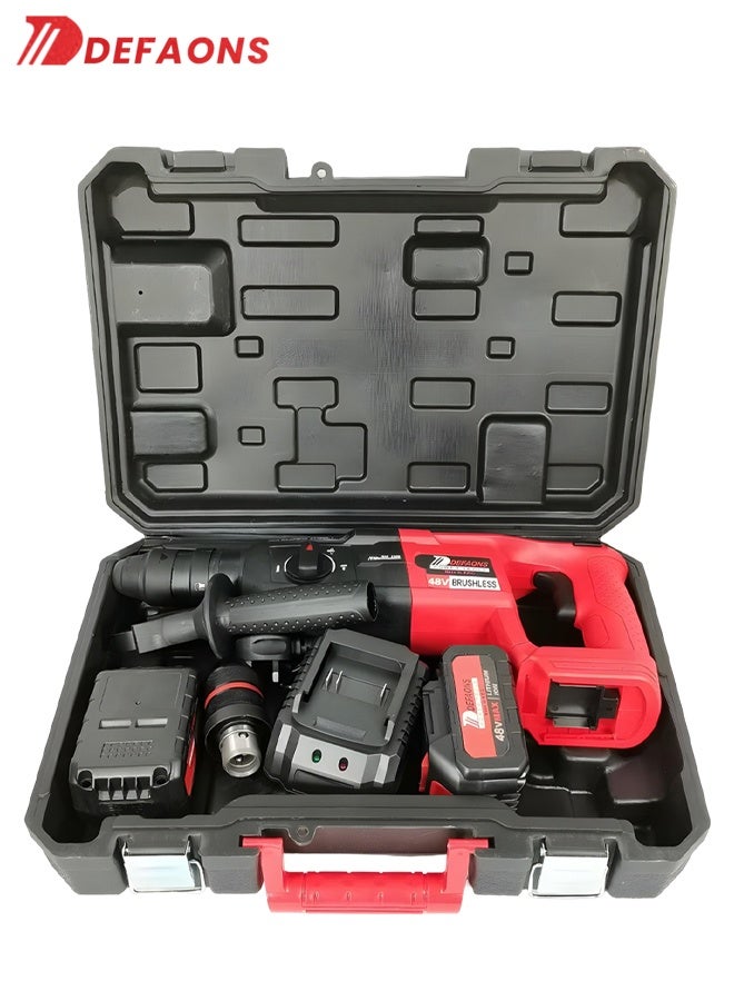 ديفاونز مثقاب دوار بدون فرشاة بقوة 48 فولت مع مفتاح 4 أوضاع، ومشبك تثبيت SDS-Plus، وبطاريتين ليثيوم أيون، وشاحن، ومقبض دوار 360 درجة، وتحكم في السرعة بدون خطوات، وحفر الخرسانة والبناء والمعادن والخشب والإزميل، طقم أدوات كهربائية لاسلكية مع حقيبة حمل - Image 2