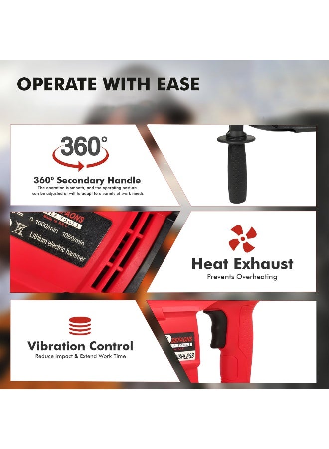 ديفاونز مثقاب دوار بدون فرشاة بقوة 48 فولت مع مفتاح 4 أوضاع، ومشبك تثبيت SDS-Plus، وبطاريتين ليثيوم أيون، وشاحن، ومقبض دوار 360 درجة، وتحكم في السرعة بدون خطوات، وحفر الخرسانة والبناء والمعادن والخشب والإزميل، طقم أدوات كهربائية لاسلكية مع حقيبة حمل - Image 4